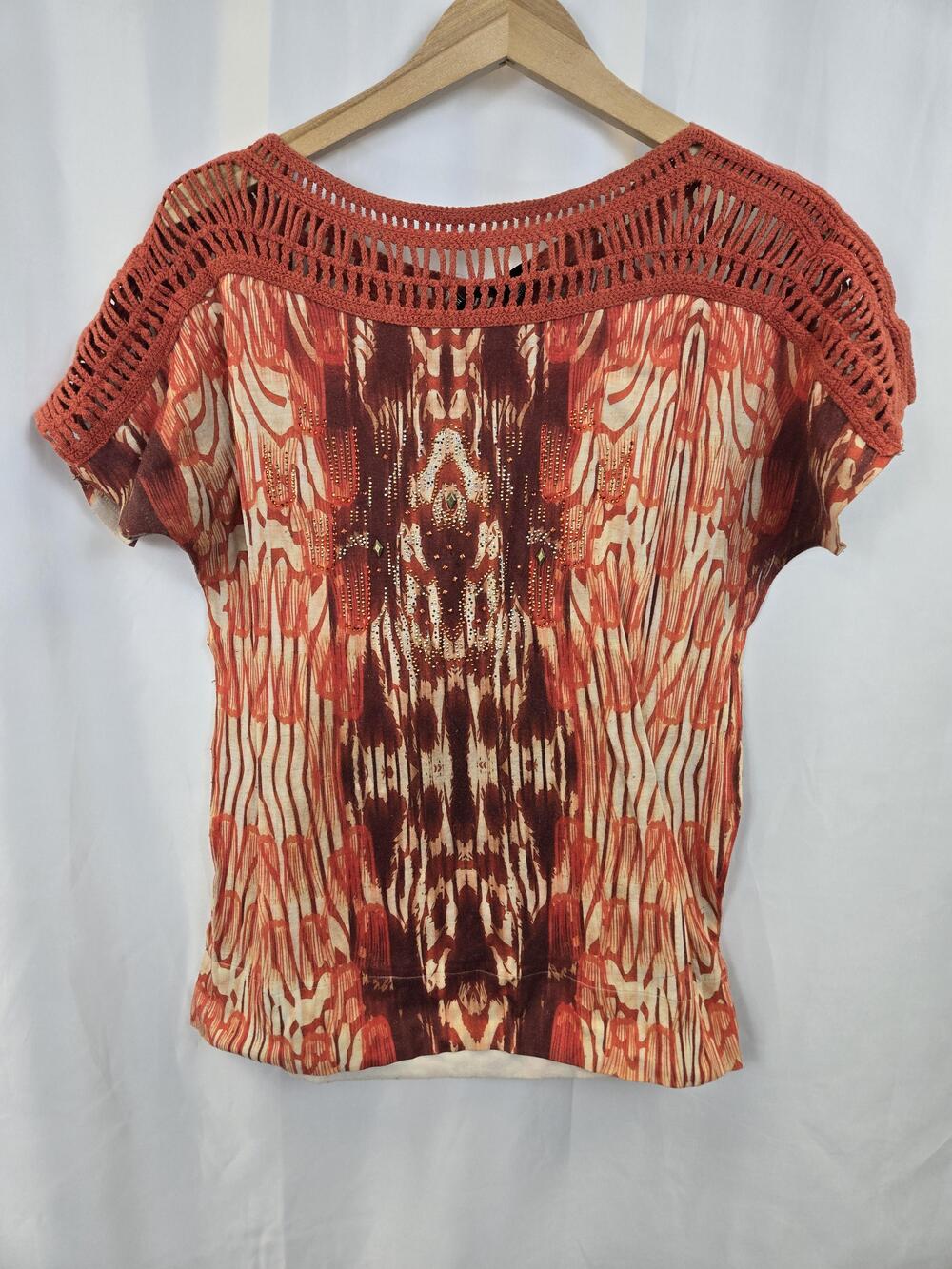 New Directions Blouse Womens Large Orange Crochet Neck Dolman Sleeve Top Boho